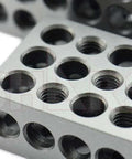1-2-3 precision block set in silver aluminum with threaded holes and screw set; close-up view