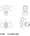 Technical drawing of Compact Double Socket Arm For B Size 1 Inch Ball Mount Components Composite Ball Connector Arm RAP-B-201U-A