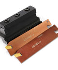Oscarbide 3/4 in self-lock block with adjustable blade and tin-coated GTN-3/GTN-4 carbide inserts, front view.