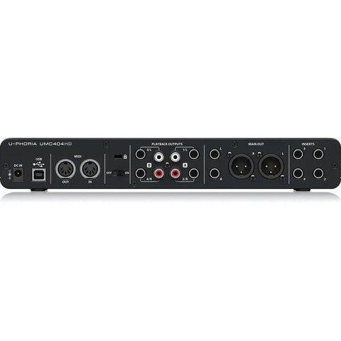 Back panel of UMC404HD 4x4 USB Audio Interface with multiple input and output ports, featuring MIDI I O and RCA connections.