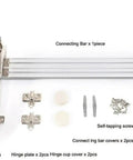 Rock Solid Folding Cabinet Hinge With Dead Silent Damping Slide Rail And Super Slick Lateral Sliding Door Hardware parts and screws laid out.