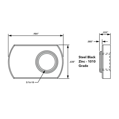 Diagram of Economy Five Sixteenth Eighteen Offset Threaded Slide In T Nut for Fifteen Series Aluminum, black zinc-coated steel.