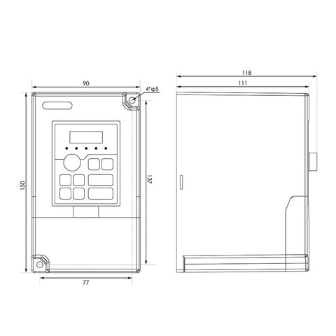 Technical drawing of 1.5KW 110V VFD Inverter With 0 to 1000 Hz Output 1 Phase In 3 Phase Out Industrial Grade Variable Frequency Drive