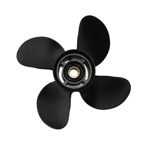 Top view of Outboard Propeller 10.3x13 Pitch Four Blade Beefed Up Aluminum Right Hand 13 Spline For Mercury Mariner Marathon Seapro 25 30 35 40 45 48 50 55 60 70 HP Boat Motors OEM Replacement 48 8M8026630