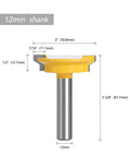 Premium 1/2-Inch Drawer Lock Router Bit With Straight Tenon Knife for Super Strong Wood Drawers And Quick Precision Joinery Projects That Build Like A Boss, 12mm shank and dimensions displayed.