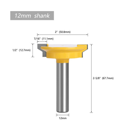 Premium 1/2-Inch Drawer Lock Router Bit With Straight Tenon Knife for Super Strong Wood Drawers And Quick Precision Joinery Projects That Build Like A Boss, 12mm shank and dimensions displayed.