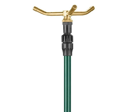 Three Arm High Rise Sprinkler With Telescoping Base For Mid Sized Yard Coverage, Easy Setup, Brass rotating arms, green base
