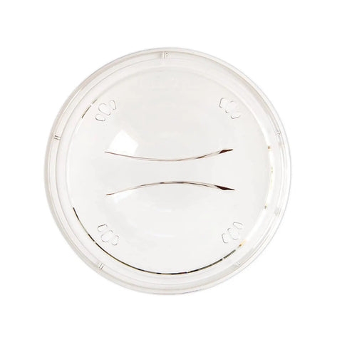 Top view of a transparent 10 Inch Plate Cover Dome Shield for Mess Free Cooking and Keeping Leftovers Hot, fits 11 inch plates.