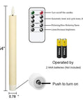 Diagram of Flameless Taper Candles Set Of 8 With Remote And Timer, Real Wax 3D Wick, battery requirements, and dimensions.