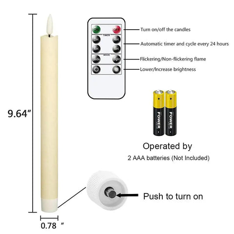 Diagram of Flameless Taper Candles Set Of 8 With Remote And Timer, Real Wax 3D Wick, battery requirements, and dimensions.