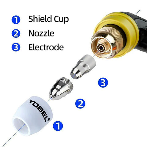 Exploded view of Pro Grade P80 Plasma Cutter Consumables Kit with 45 pieces showing shield cup, nozzle, and electrode.