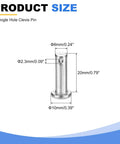 Diagram showing dimensions of M6 x 20mm Single Hole Clevis Pins in 304 Stainless Steel, including measurements in inches and millimeters.