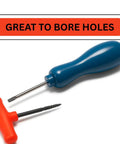 Heavy Duty Wedge Bradawl And Gimlet Set Featuring Killer Contoured Grips For Real Deal Craftsmen and Weekend Builders Demanding Top Tier Hand Tools That Start Drill Holes Without Breaking A Sweat, includes blue bradawl and red gimlet.