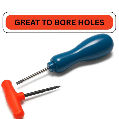 Heavy Duty Wedge Bradawl And Gimlet Set Featuring Killer Contoured Grips For Real Deal Craftsmen and Weekend Builders Demanding Top Tier Hand Tools That Start Drill Holes Without Breaking A Sweat, includes blue bradawl and red gimlet.