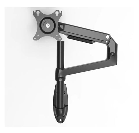 Top Shelf Wall Mount Full Motion Monitor Arm Featuring Heavy Duty Aluminum Housing Super Smooth Spring Swivel shown mounted on wall.