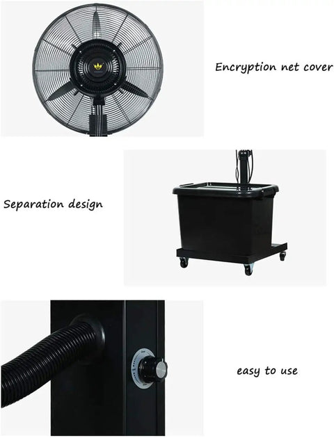 Heavy Duty Industrial Misting Fan Slick Oscillating Fan Noiseless High Velocity Air Circulator Badass Adjustable Pedestal with water tank and easy controls.