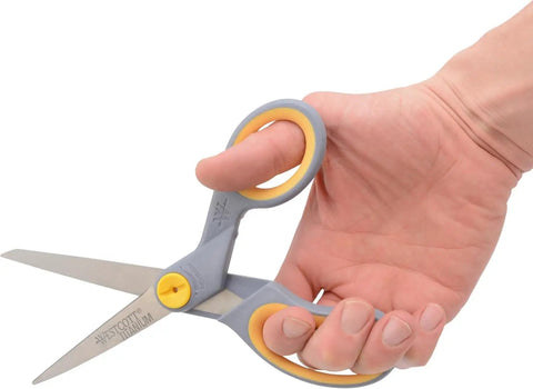 8 Inch Titanium Bonded Scissors With Adjustable Glide And Soft Grip, 2 Pack Multipurpose Shears For Office, Home, And School Use, close-up in hand