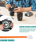Wellgler's 5.11-inch foam cleaning swabs for cameras and lenses, 50 pcs; hands cleaning a DSLR with orange foam-tip swab