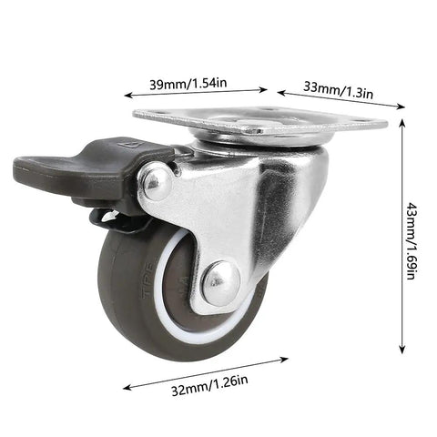 Four Pack Beefy Heavy Duty Furniture Casters Wheels Stainless Steel Castors Swivel Office Rubber Rollers, 32 mm Diameter