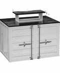 Slick Industrial Double Sided Ladder Display Cabinet With Tiered Steel Shelves For Trendy Store Setup And Photo Backdrop Solid Hype Worthy Merchandise Island Storage Rack with a dark wood top and white steel body.