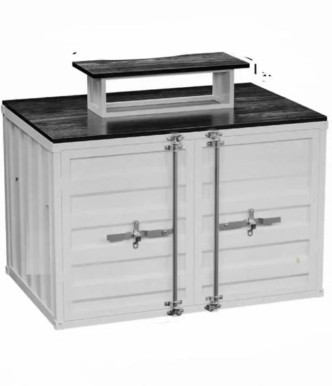 Slick Industrial Double Sided Ladder Display Cabinet With Tiered Steel Shelves For Trendy Store Setup And Photo Backdrop Solid Hype Worthy Merchandise Island Storage Rack with a dark wood top and white steel body.