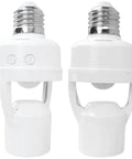 Motion Sensor Light Socket For E26 E27 Bulbs, Smart Screw In Auto On Off Night Light, No Fuss Setup For Basement Porch Storage Room, Detects Motion Up To 10 Feet, 2 Pack White, two white plastic adapters