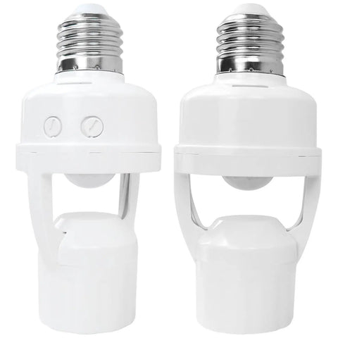 Motion Sensor Light Socket For E26 E27 Bulbs, Smart Screw In Auto On Off Night Light, No Fuss Setup For Basement Porch Storage Room, Detects Motion Up To 10 Feet, 2 Pack White, two white plastic adapters