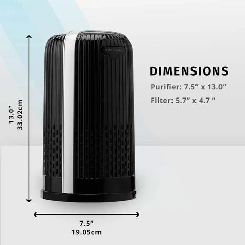 TotalClean 360 Degree HEPA Type Air Purifier Filter Replacement for AP T10 BK and AP T10 WT next to dimensions chart