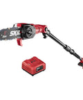 Solid Build Cordless Pole Saw With Eight Inch Bar And Ten Foot Reach To Clear High Limbs Like A Pro with compact battery.