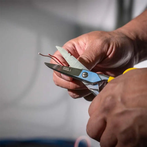 Using Free-Fall Snip, Scraper, And File With Serrated Blades For Easy Wire, Cable, And Cordage Cuts, Strips 19 AWG And 23 AWG Wire