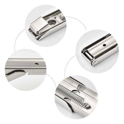 Detailed view of stainless steel quick snap lock hinge for 2 Piece Heavy Duty Folding Shelf Brackets Wall Mount Wood Support.