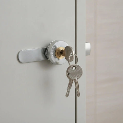 Key Operated Round Cam Lock For Cabinet Replacement Zinc Alloy Lock With 3.0 X 2.8 X 0.8 Inch Size Includes Keys installed on cabinet