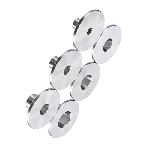 Built Like A Tank Router Guide Bushing Template Set Six Piece Heat Treated Stainless Steel inserts arranged for woodworking.