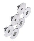 Heavy Duty Stainless Steel Router Guide Bushing Set With Six Slick Quick Swap Sizes For Flawless Woodworking Routing Trimming And Drilling Built Tough And Ready To Crush Any Template Project showing six stainless steel bushings.
