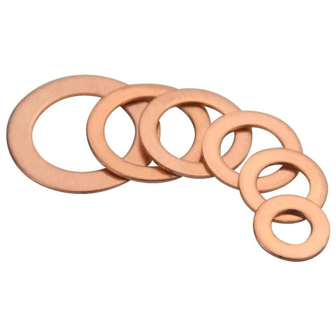 Image of varying copper washers from 110 Piece Copper Sealing Washer Set, Six Sizes, Flat Gasket Oil Seals For Plumbing And Automotive