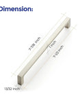 Image of Solid 7.5 Inch Square Cabinet Handle in Brushed Nickel showing dimensions for modern easy install.
