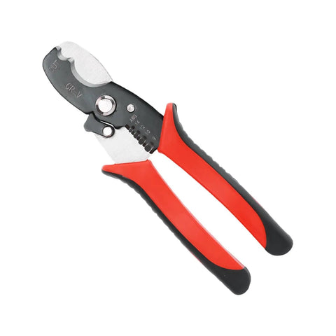 Rock Solid Eight Inch Manganese Steel Wire Cutter Stripper And Crimping Pliers Heavy Duty Trade Grade tool with red and black handles.