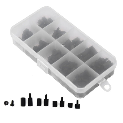 Game Changing M3 Nylon Hex Standoff Screw Nut Kit 180 Piece Assortment with assorted spacers in transparent container.
