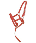 Adjustable Foal Halter Nylon Three Quarter Inch Double Ply Red With Fully Adjustable Nose Crown And Throat For Easy Fit Includes Short Lead Rope