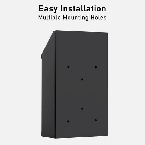 Side view of Workhorse Heavy Duty Metal Donation Box With Lock, wall-mounted black steel box showing multiple mounting holes