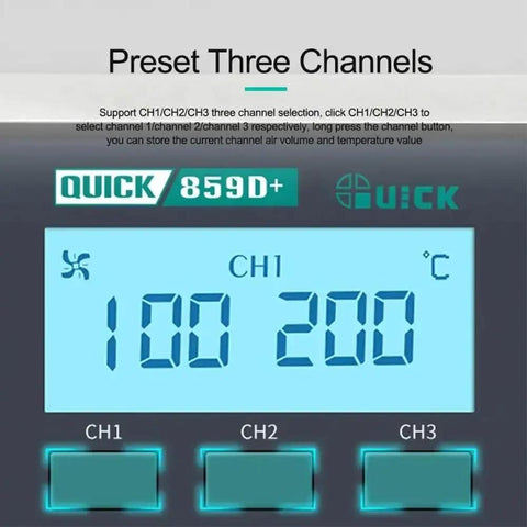 580W Digital Vortex Hot Air Rework Station With LCD Display showing preset channels CH1, CH2, CH3 with temperatures 100 and 200°C.