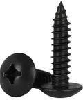 Assorted M3 Screw Kit With Slick Black Oxide Finish Badass Truss Head Phillips Self Tapping Fasteners For Dang Tough Wood Projects And Solid Steel Frames 125 Pcs. close-up of two black oxide screws showing truss head design.