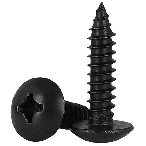 Assorted M3 Screw Kit With Slick Black Oxide Finish Badass Truss Head Phillips Self Tapping Fasteners For Dang Tough Wood Projects And Solid Steel Frames 125 Pcs. close-up of two black oxide screws showing truss head design.