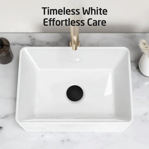 Rectangular Ceramic Vessel Sink For Above Counter Install 16 By 12 Inch White Sink With Pop Up Drain Brass And Stainless Steel Matte Black Finish Includes Drain Assembly Dope Modern Bathroom Vanity Upgrade