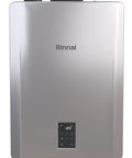Built Like A Tank 150K BTU Condensing Natural Gas Combo Boiler And Tankless Water Heater sleek gray unit with digital interface.