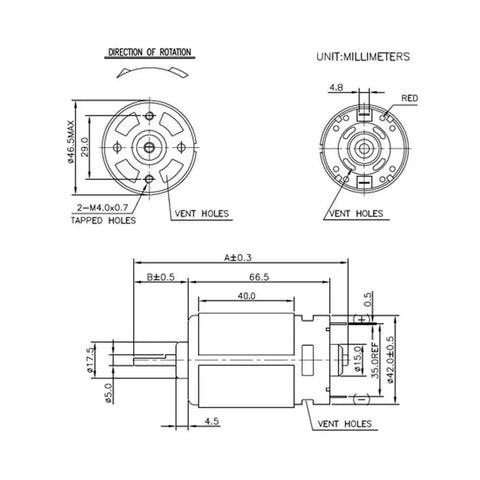 Technical diagram of High Torque 12V-24V DC Motor Upgrade with Dual Ball Bearings, D Shaft with Bracket, showing dimensions and vent holes.