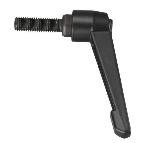 Side view of M10 X 35mm Adjustable Clamping Lever With Push Button Ratchet, matte black, showing male threaded stud knob and quick release bolt.