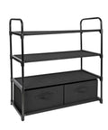 Four Shelf Closet Storage Rack Featuring Two Removable Fabric Storage Boxes Zero Sweat Metal Frame Assembly, black fabric bins included.