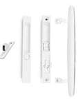 Flush Mount NonKeyed Sliding Glass Patio Door Lock Handle Set Fits One To One And One Eighth Inch Thick Doors With Six And Five Eighth Inch Hole Spacing Night Lock Hook Latch NonHanded White, disassembled front view.