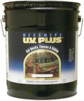 Heavy Duty 5 Gallon Dark Walnut Oil Based Exterior Wood Stain for decks with a black label showing UV protection features.
